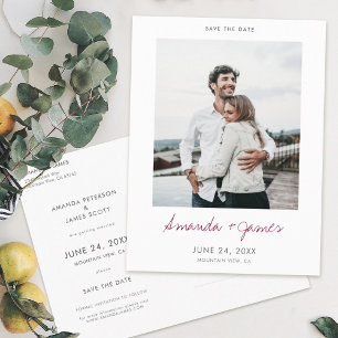 Simple Modern Burgundy Script Photo Save the Date Meddelande Vykort