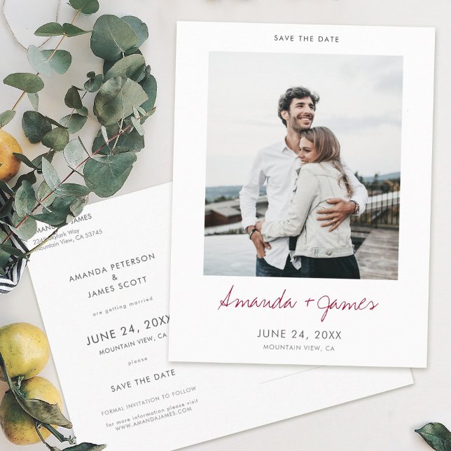 Simple Modern Burgundy Script Photo Save the Date Meddelande Vykort (Skapare uppladdad)