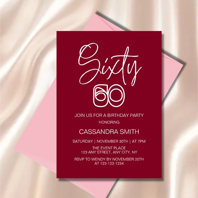 Simple Modern Burgundy Typografi 60:e födelsedagen Inbjudningar (Skapare uppladdad)