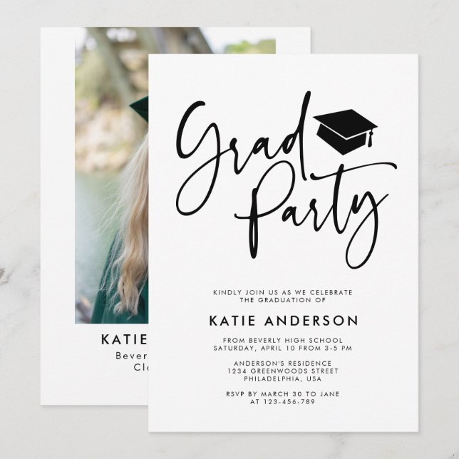 Simple Modern Calligraphy Grad Party Photo Inbjudningar (Fram/baksida)