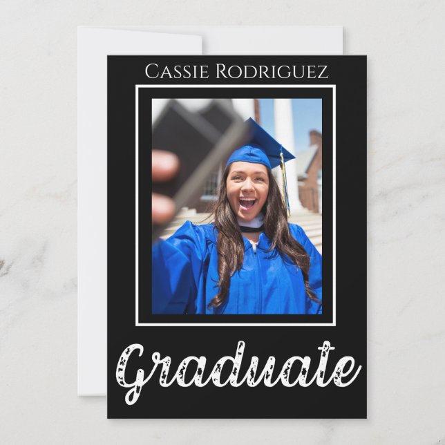 Simple Modern Calligraphy Photo Graduation Black Inbjudningar (Framsida)
