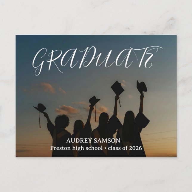 Simple Modern Calligraphy Photo Graduation  Inbjudan Vykort (Framsida)