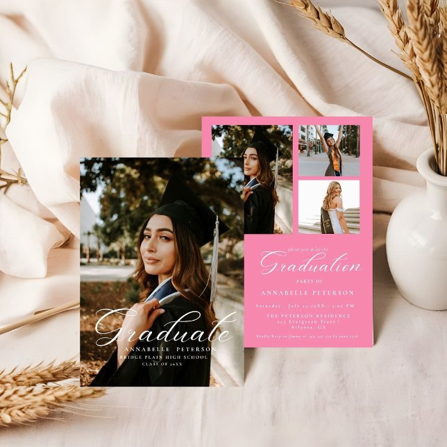 Simple Modern Calligraphy Photo Rosa Studenten Inbjudningar (Skapare uppladdad)