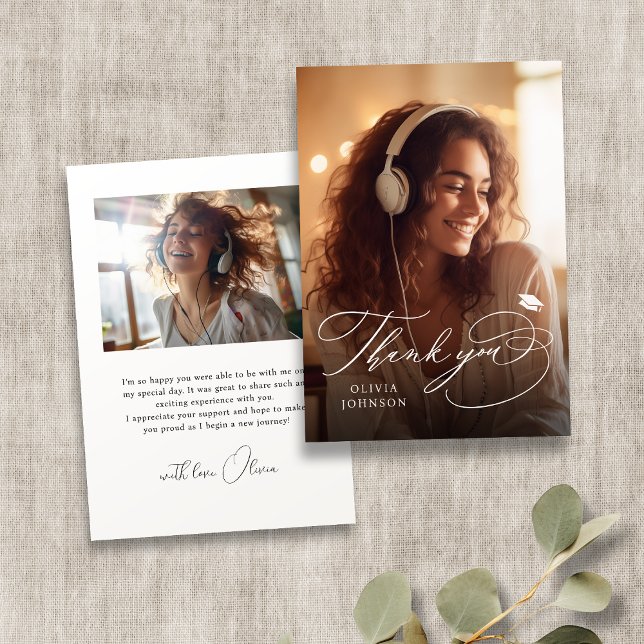 Simple Modern Calligraphy Photo Studenten Tack Kort (Simple Modern Calligraphy Photo Graduation Thank You Card)