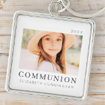 Simple Modern Chic Anpassningsbar First Communion  Fyrkantig Silverfärgad Nyckelring<br><div class="desc">Design består av modern chic-typografi med sans serif- och serif-teckensnitt. Lägg till ett foto med anpassningsbarna av din son/dotter och år.</div>