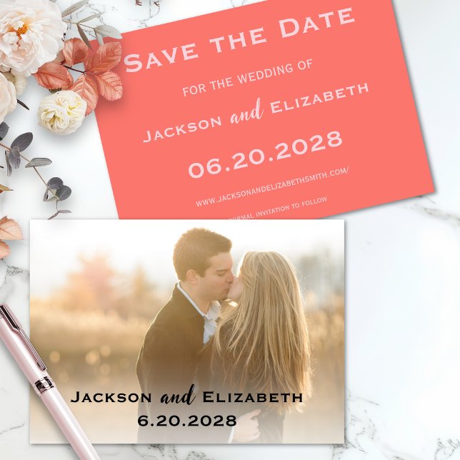 Simple Modern Coral and Rosa Photo Bröllop Spara Datumet (Photo Wedding Save the Date in Coral and Pink)