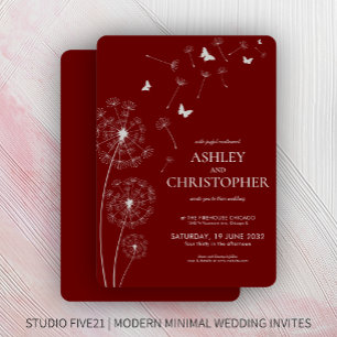 Simple Modern Crimson Red Dandelion Bröllop Inbjudningar