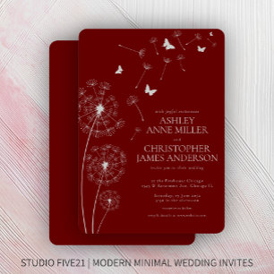 Simple Modern Crimson Red Dandelion Bröllop Inbjudningar