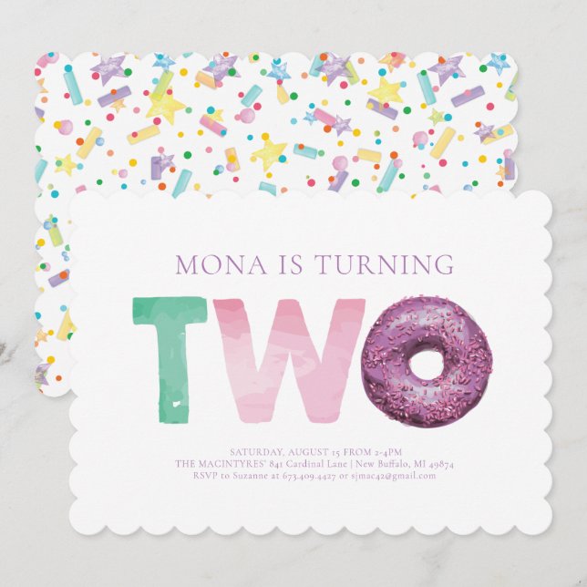 Simple Modern Donut Second Birthday-inbjudan Inbjudningar (Fram/baksida)