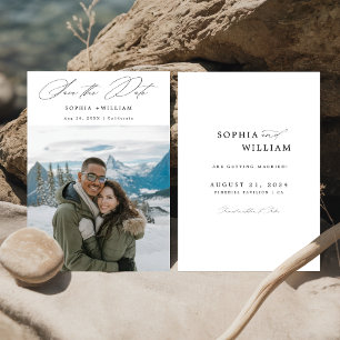 Simple Modern Elegant Script Winter Photo Bröllop Spara Datumet