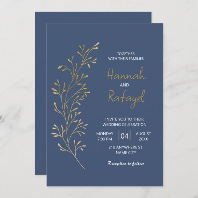 Simple Modern Gold Leaf Blue Wedding Inbjudningar (Fram/baksida)