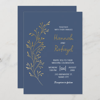 Simple Modern Gold Leaf Blue Wedding Inbjudningar