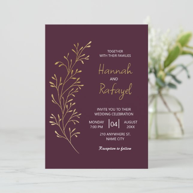 Simple Modern Gold Leaf Burgundy Wedding Inbjudningar (Stående Fram)