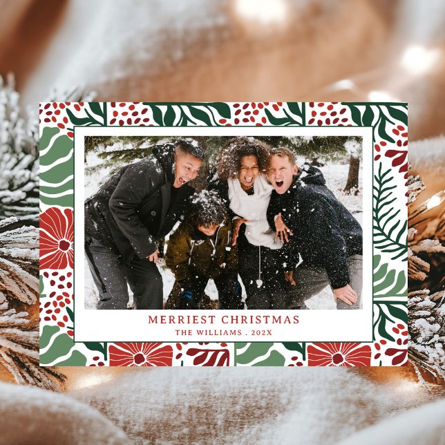 Simple Modern Grönt Red Mönster Photo jul Julkort (Skapare uppladdad)