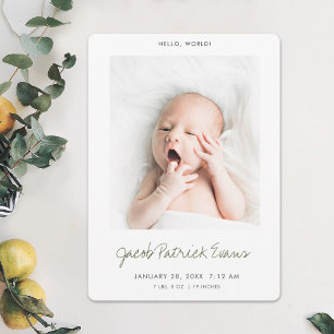 Simple Modern Grönt Script Boy eller Girl Birth Meddelande