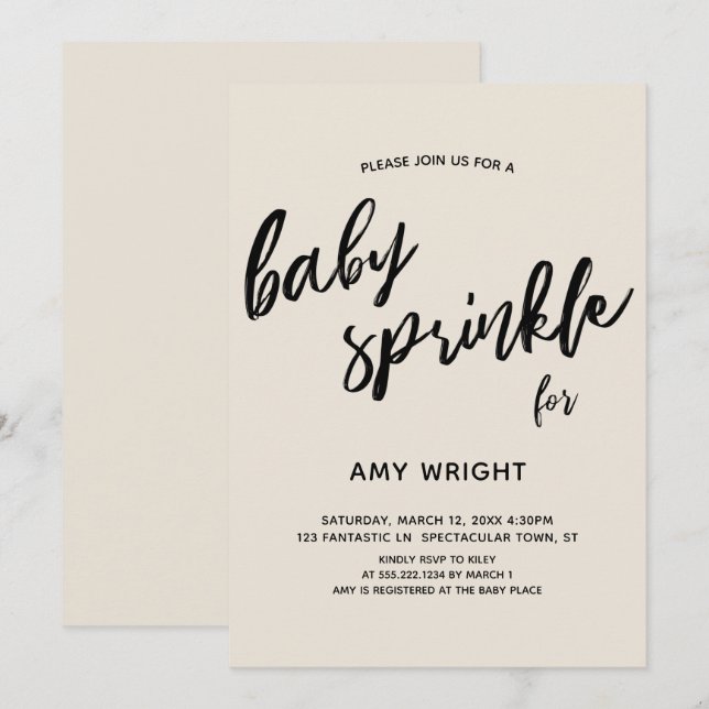 Simple Modern Handwrite Baby Sprinkle Cream Inbjudningar (Fram/baksida)