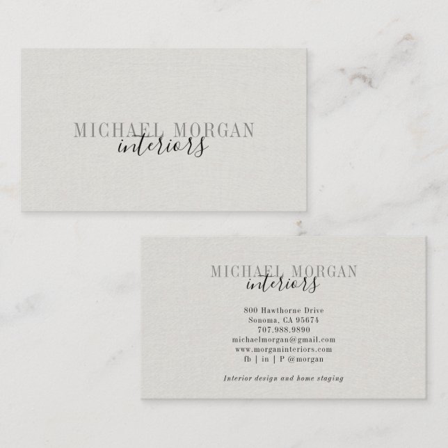 Simple Modern Interior Designer Script Faux Linen Visitkort (Fram/baksida)