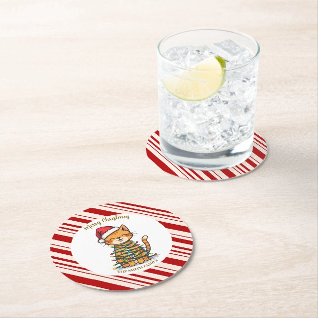 Simple modern merry christmas kitten CatMAS patter Underlägg Papper Rund (Insitu)