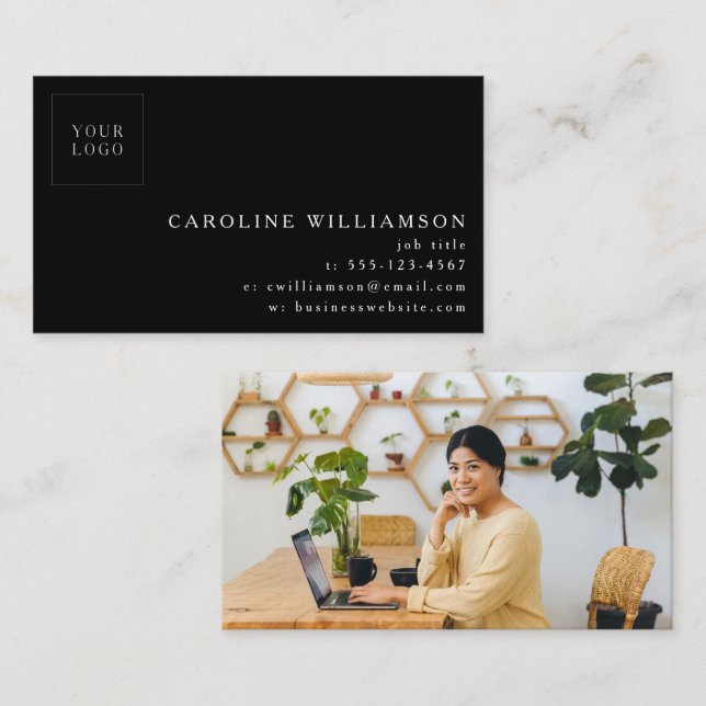 Simple Modern Minimal Black Background Logotyp Pho Visitkort (Fram/baksida)