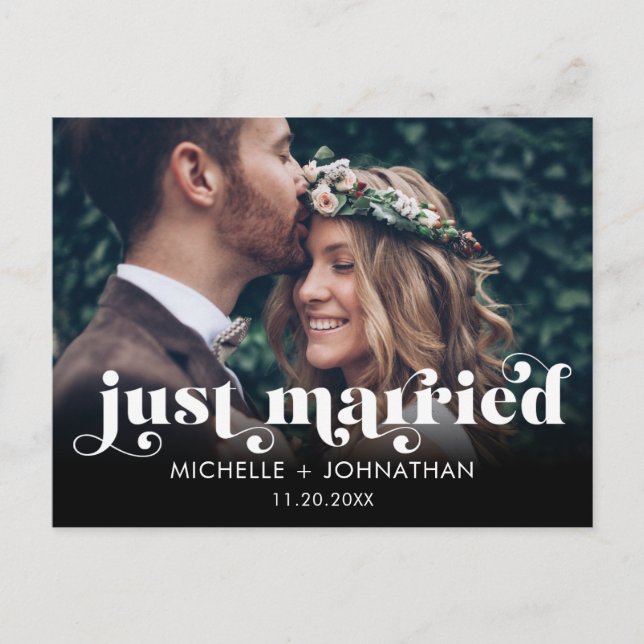 Simple Modern Minimalist Photo Just Married Meddelande Vykort (Framsida)