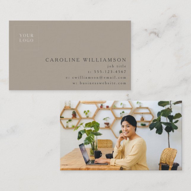 Simple Modern Minimum Taupe Brown Logotyp Photo Visitkort (Fram/baksida)