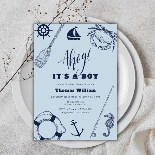 Simple Modern Nautical FishBoy Shower Inbjudningar (Simple Modern Nautical Fishing Boy Baby Shower Invitation)
