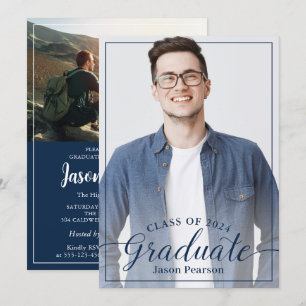 Simple Modern Navy Blue Script Studenten Photo Inbjudningar