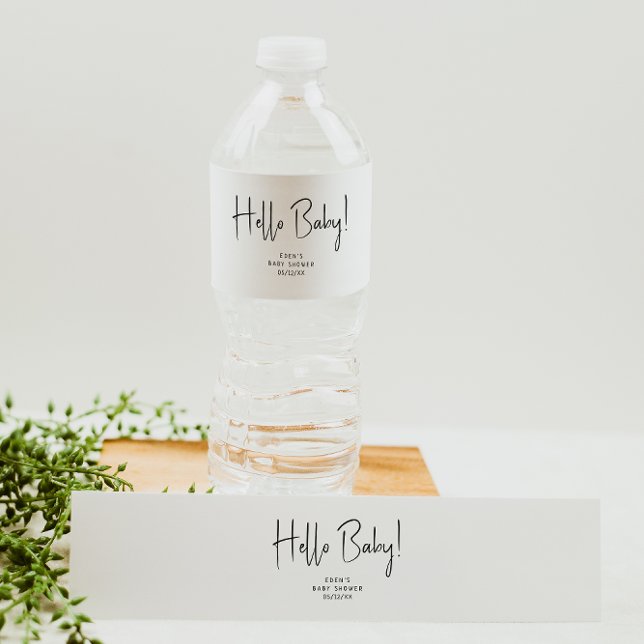 Simple Modern Neutralt Baby Shower Hej Baby Vattenflaskor Etikett (Skapare uppladdad)