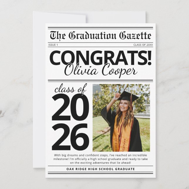 Simple Modern Newspaper Graduation Announcement Inbjudningar (Framsida)