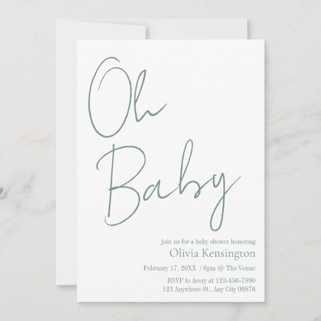 Simple Modern Oh Baby Sage Grönt Baby Shower Inbjudningar (Framsida)