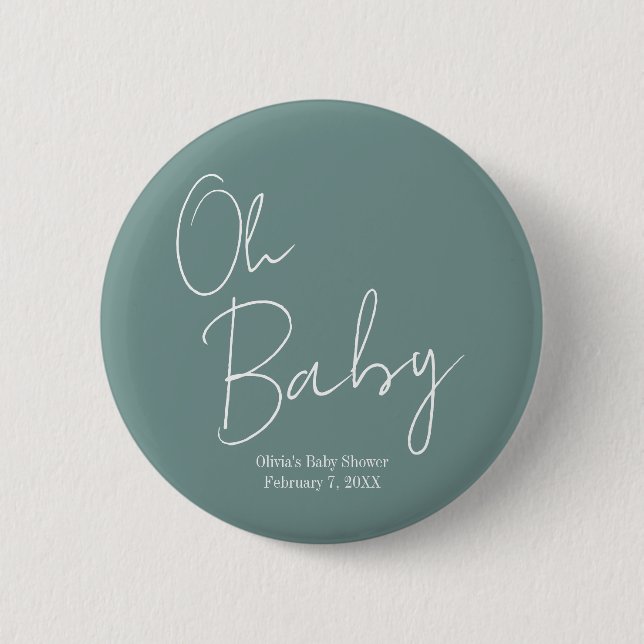 Simple Modern Oh Baby Sage Grönt Baby Shower Knapp (Framsida)