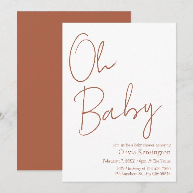 Simple Modern Oh Baby Terracotta Baby Shower Inbjudningar (Fram/baksida)