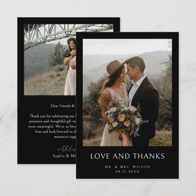 Simple Modern Photo Black Bröllop Tack Kort (Fram/baksida)