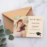 Simple modern photo champagne Graduation Spara Datumet<br><div class="desc">A photo Save the date card for a graduation. On front: Add your own vertical size photo of the graduate. A modern champagne colored background, black text. Templates for a name and date. The name and the text: Save the Date are written with a modern hand lettered style script. With...</div>