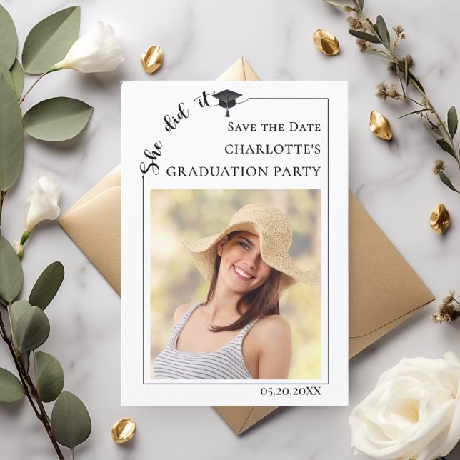 Simple modern photo Graduation party Save the Date Spara Datumet (Skapare uppladdad)