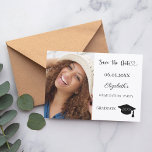 Simple modern photo Graduation Spara Datumet<br><div class="desc">A photo Save the date card for a graduation. On front: Add your own vertical size photo of the graduate. A chic white background, black text. Templates for a name and date. The name and the text: Save the Date are written with a modern hand lettered style script. With a...</div>