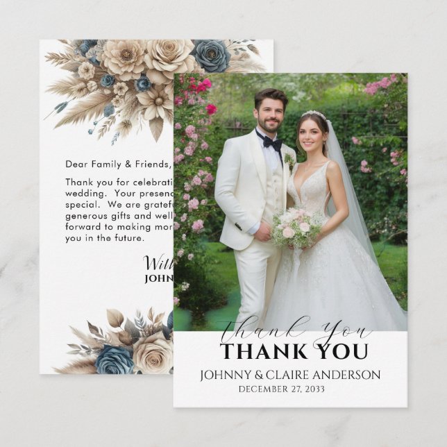 Simple Modern Photo Wedding Thank You Card W Note Tack Kort (Fram/baksida)