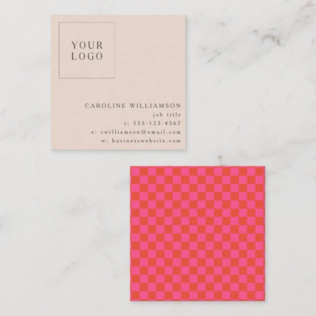 Simple Modern Pink Checkerboard Your Logo Custom Fyrkantigt Visitkort (Fram/baksida)