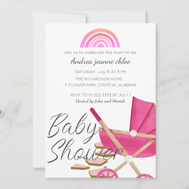 Simple Modern Rainbow rosa barnvagn Baby Shower Inbjudningar (Framsida)