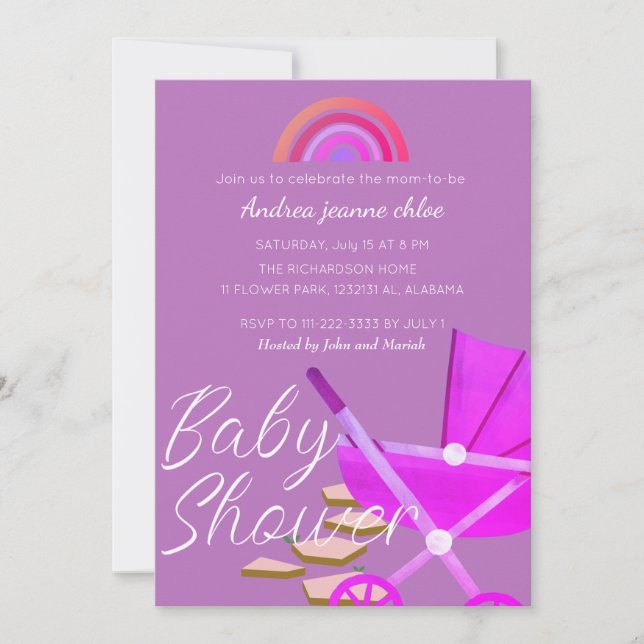 Simple Modern Rainbow rosa barnvagn Baby Shower Inbjudningar (Framsida)