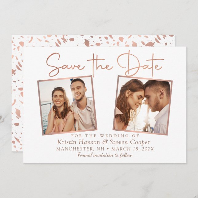 Simple Modern Ro Guld 2 Photo Save Date Card Spara Datumet (Fram/baksida)