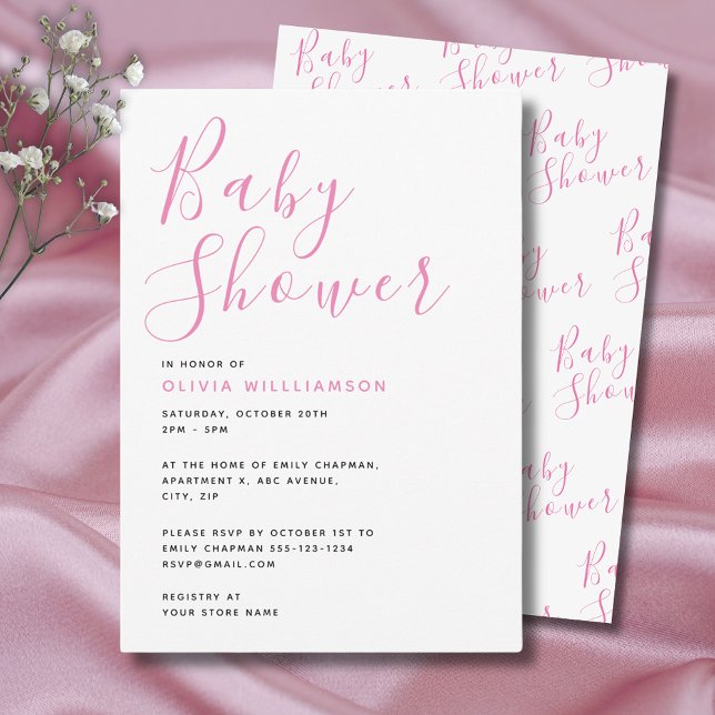 Simple Modern Rosa Baby Shower Inbjudningar (Simple and elegant, pink baby girl shower invitation with script text typography.)