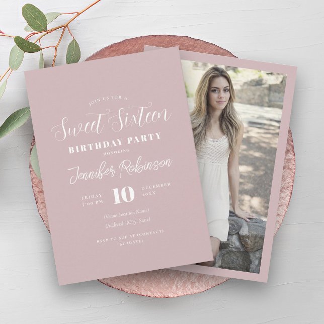 Simple Modern  Rosa Photo Sweet 16 sexton Inbjudningar (Simple Modern Blush Pink Photo Sweet 16 Sixteen Invitation)