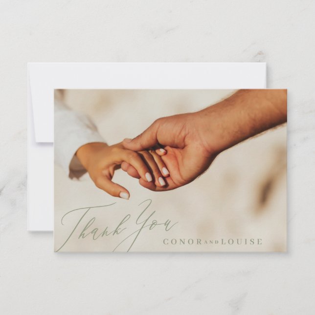 Simple Modern Sage Grönt Calligraphy Bröllop Photo Tack Kort (Framsida)