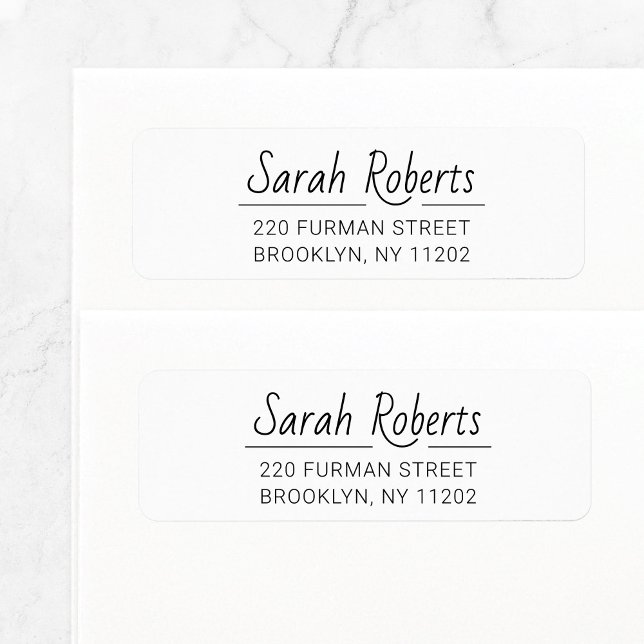 Simple Modern Script 03. Anpassningsbarnas Returad Returadress Etikett (Modern hand lettered script basic return address label template with fine line in black and white.)
