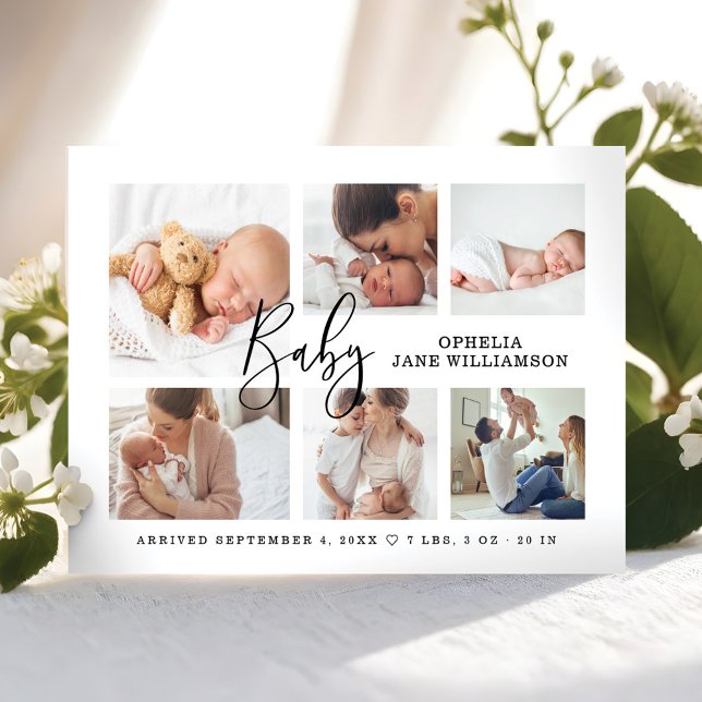 Simple Modern Script Baby Photo Collage Birth Meddelande (Simple Modern Script Baby Photo Collage Birth Announcement)