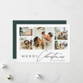 Simple Modern Script Photo Collage Green Christmas Julkort