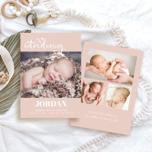Simple Modern Script Photo Collage Rosa Birth Meddelande
