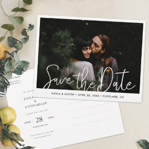 Simple Modern Script Photo Save the Date Bröllop Inbjudan Vykort