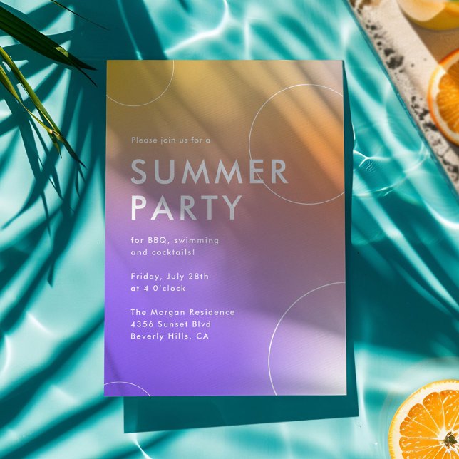 Simple Modern Summer Cocktail Party (Lila) Inbjudningar (bright, modern and colourful summer party invitation with purple to orange gradient. )
